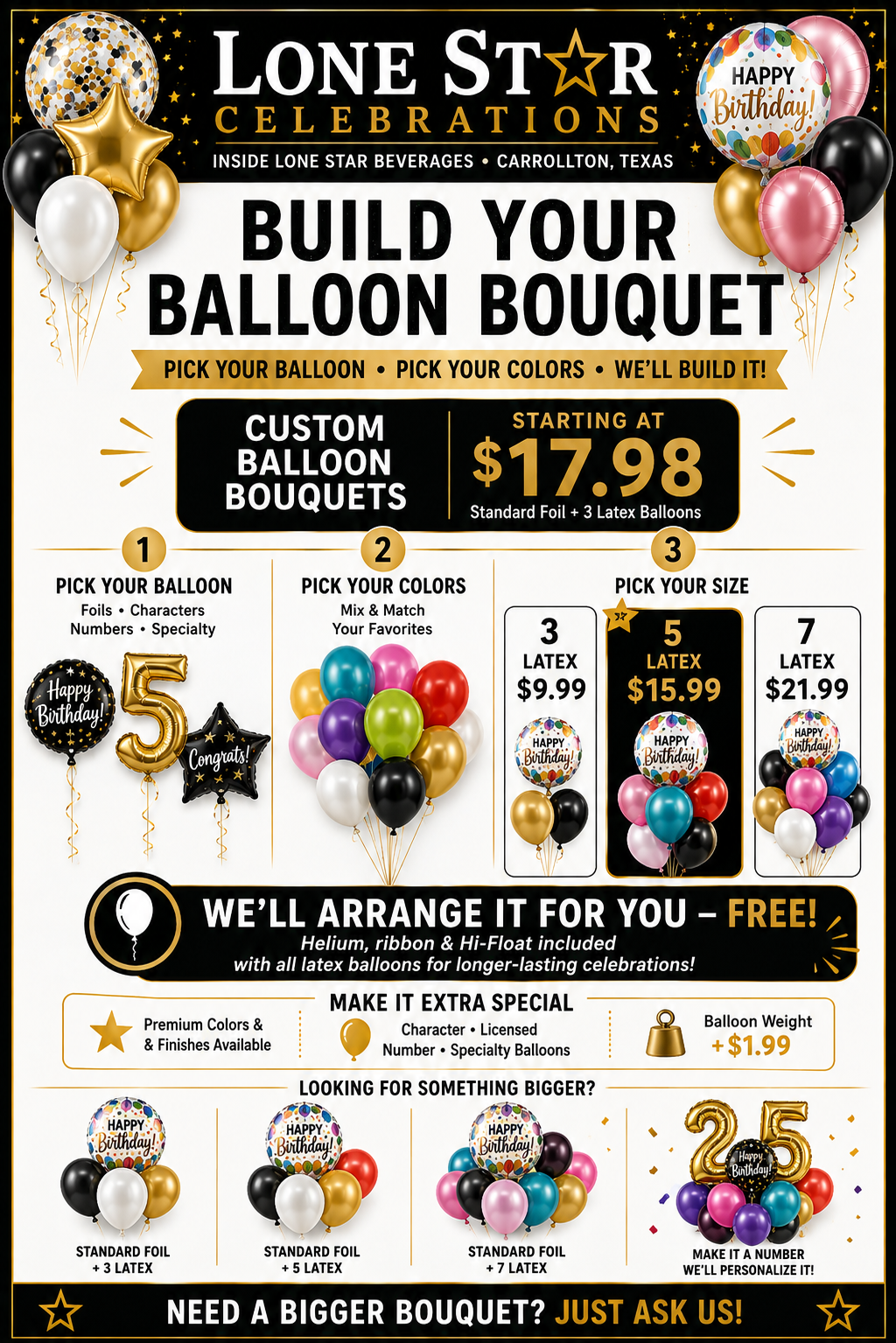Lone Star Celebrations everyday balloon pricing flyer